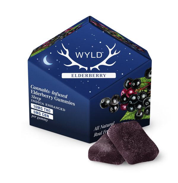 Wyld Elderberry 'Dream' CBD gummy by East Atlanta Village Smoke showing a close-up of colorful elderberry-flavored gummies in a clear container.