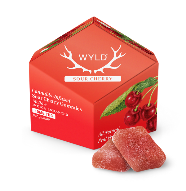 Wyld Sour Cherry 'Mellow' edible by East Atlanta Village Smoke, Vape, and CBD featuring a vibrant cherry-flavored candy package.