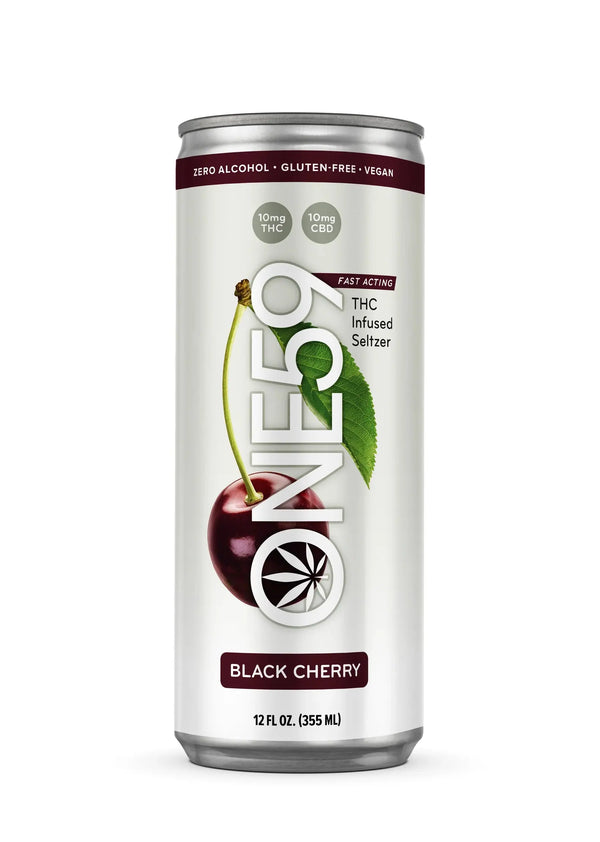 Black cherry THC-infused drink by East Atlanta Village Smoke, Vape, and CBD, in a clear glass bottle with black cherry flavor.