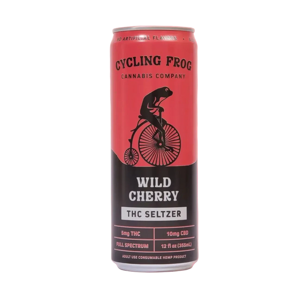 EAV Smoke & Vape Cycling Frog Wild Cherry THC Seltzer can featuring a vibrant cherry flavor design and branding.