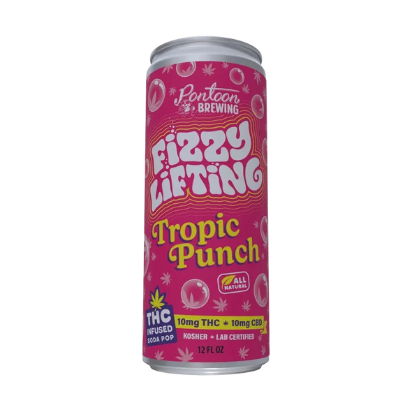 EAV Smoke & Vape Fizzy Lifting by Pontoon Brewing Tropic Punch, colorful beverage can with tropical fruit design.