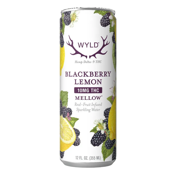 Blackberry Lemon Wyld THC drink by EAV Smoke & Vape showing a sleek black bottle with a colorful label featuring blackberries and lemons.