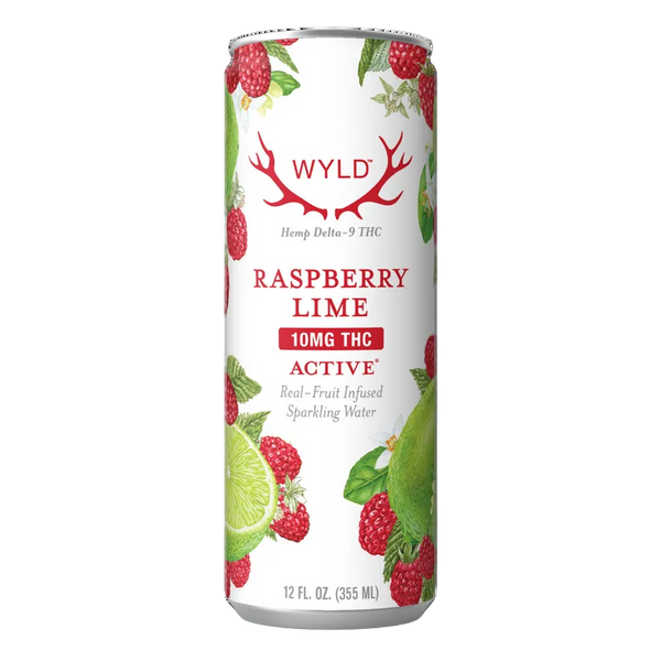 A bottle of Wyld THC Raspberry Lime drink from EAV Smoke & Vape, featuring a raspberry and lime flavor label on a clear glass bottle.