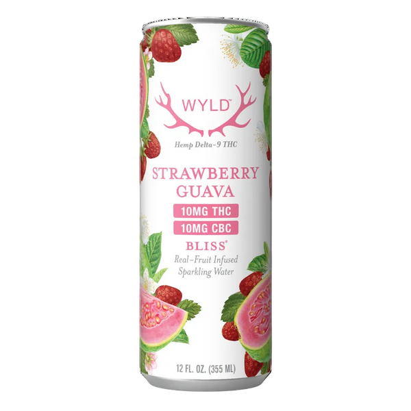 Wyld THC Strawberry Guava drink in a clear bottle, with a vibrant pink and purple label featuring strawberries and guava fruit illustrations.