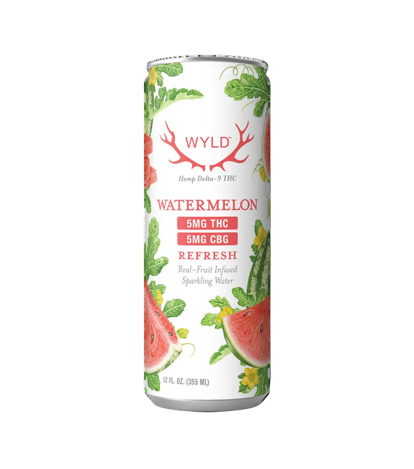 EAV Smoke & Vape Wyld THC Watermelon drink can with vibrant watermelon design, showcasing a refreshing cannabis-infused beverage.