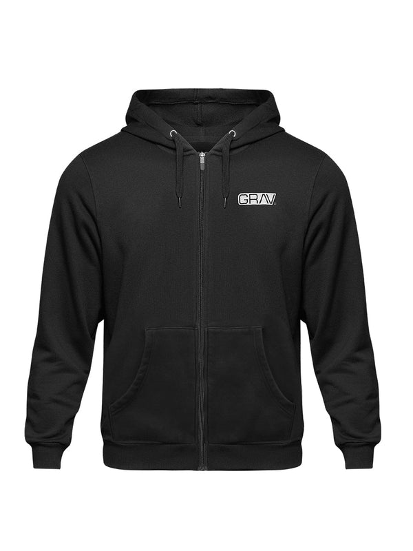 Black GRAV hoodie, small size, casual apparel with front pocket and adjustable drawstrings, styled for comfort and everyday wear.
