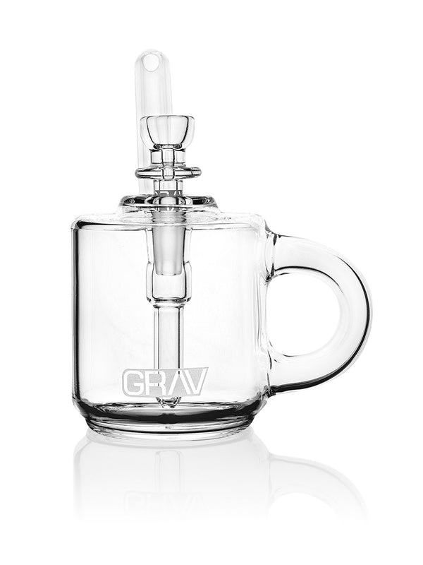GRAV Coffee Mug Pocket Bubbler in assorted colors, clear glass with bubbler and mug design, portable smoking accessory.