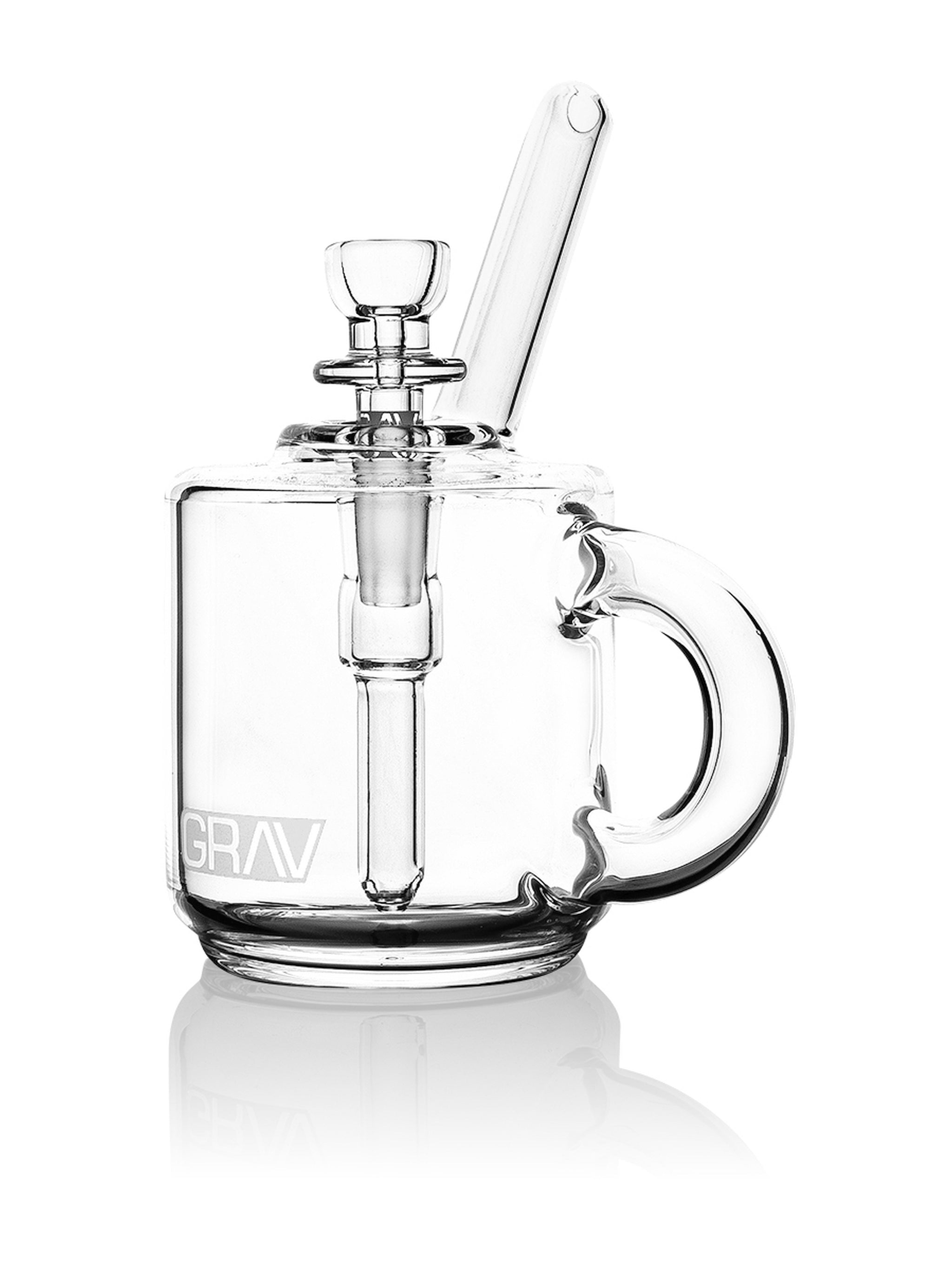 GRAV Coffee Mug Pocket Bubbler in assorted colors, clear glass with bubbler features, compact and portable for on-the-go use.