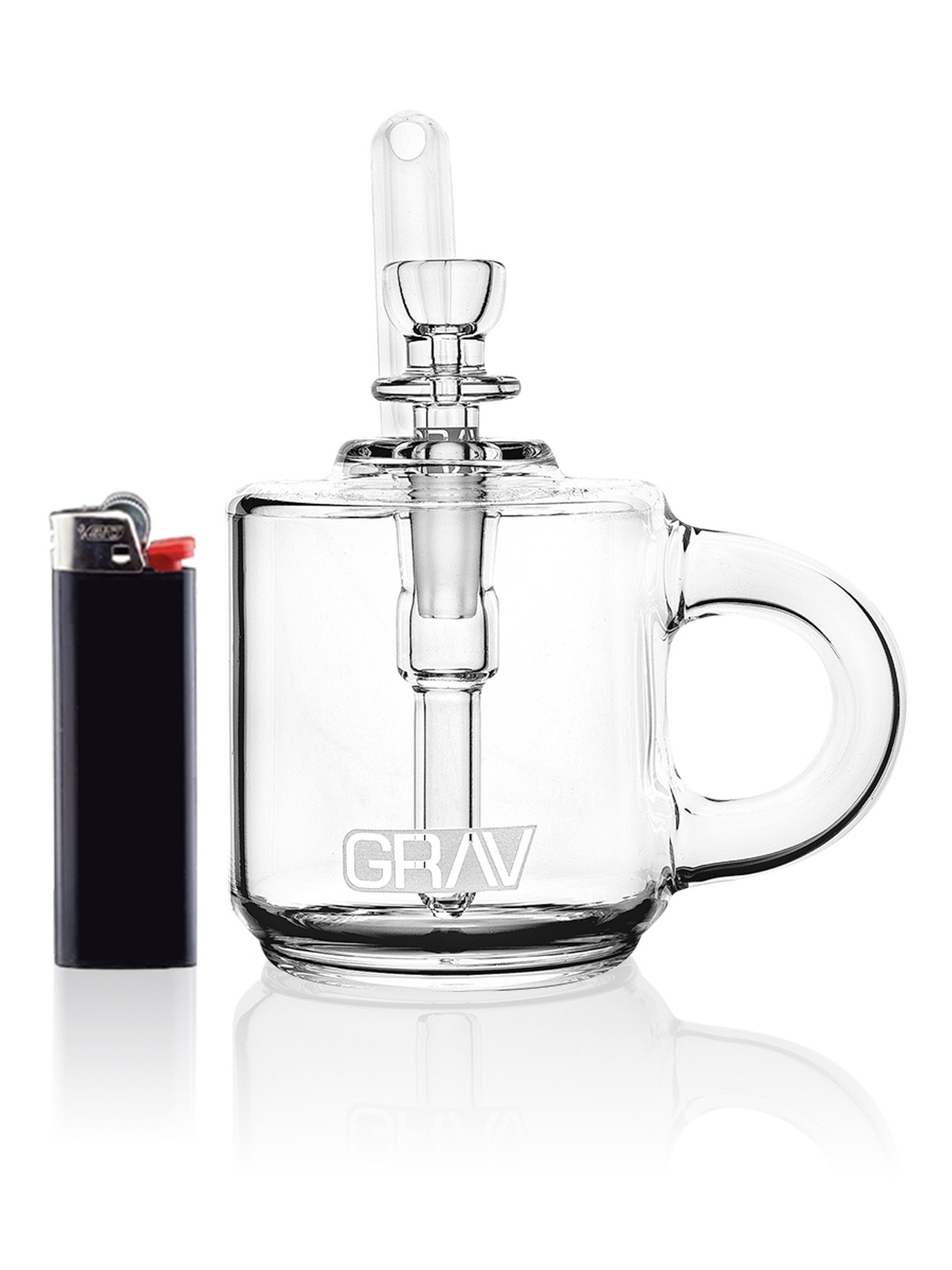 GRAV Coffee Mug Pocket Bubbler in clear with assorted colors, compact smoking device with bubbler and mug design.