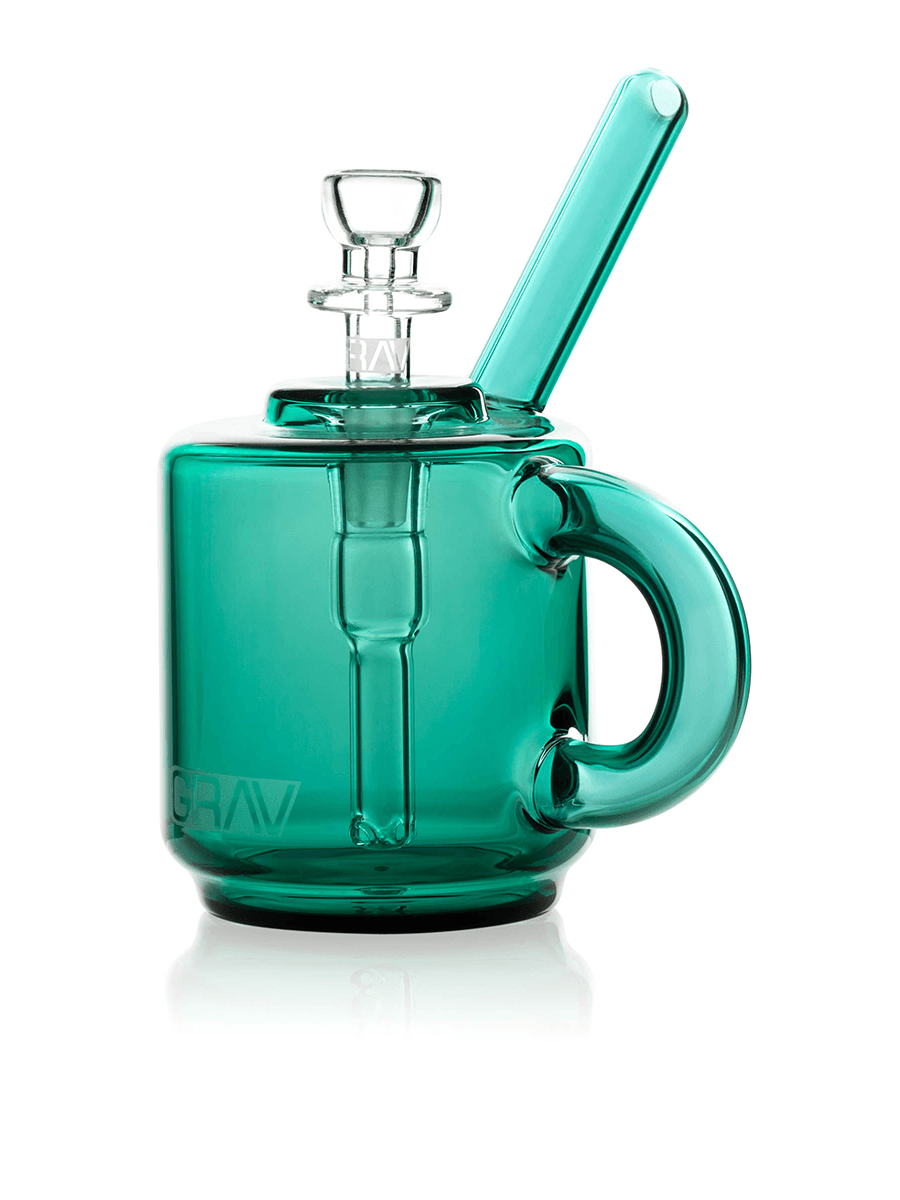 GRAV Coffee Mug Pocket Bubbler in assorted colors, a compact glass bubbler designed to fit in a mug for portable use.