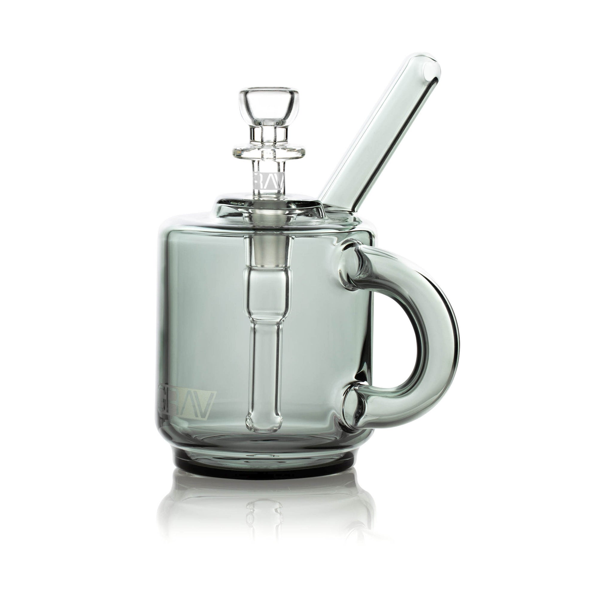 GRAV Coffee Mug Pocket Bubbler in assorted colors, clear glass with bubbler features, compact and portable smoking accessory.