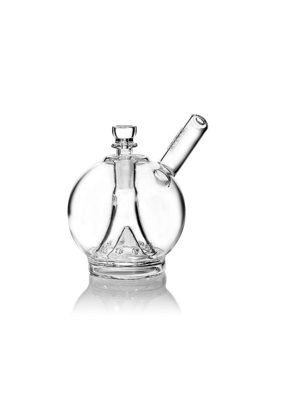 Clear GRAV Globe Bubbler made of glass with a spherical shape and intricate design, ideal for smooth smoking experiences.