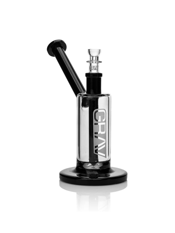 GRAV Medium Upright Bubbler with black accents, clear glass bubbler for smoking, compact design, and durable construction.