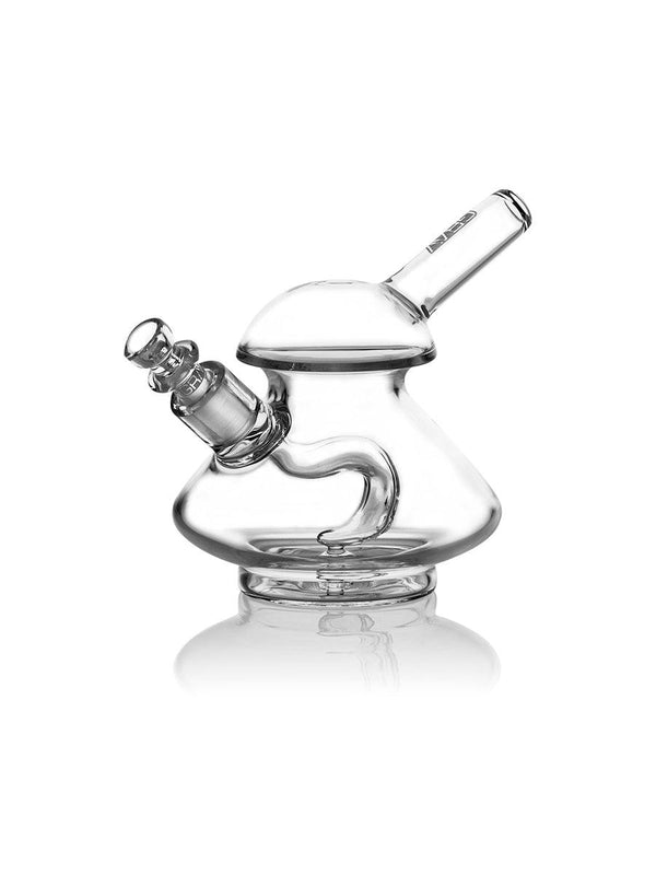 GRAV Wobble Bubbler, clear glass bubbler with a wobbling base, featuring intricate glasswork and a mouthpiece for smoking use.