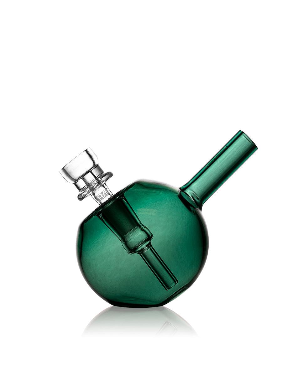 Light cobalt GRAV spherical pocket bubbler, compact glass smoking device with colorful glass accents and a rounded shape.
