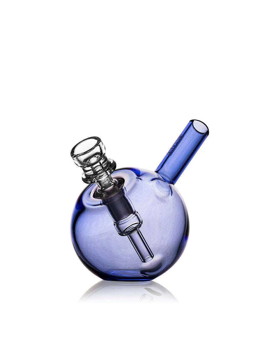 GRAV Spherical Pocket Bubbler in light cobalt blue, a compact glass bubbler with colorful accents, designed for portable use.