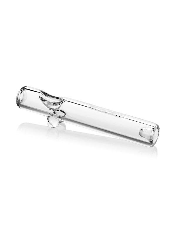 Clear GRAV Mini Steamroller dry pipe for flower, showing the compact, transparent glass design with a streamlined shape.