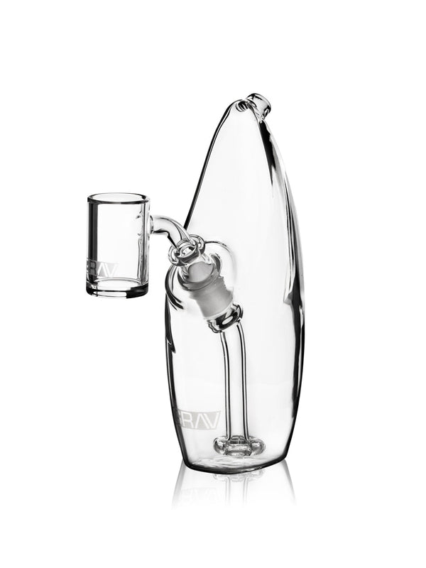 GRAV Rain Showerhead Rig with glass water pipe and metal accents, designed for smooth water flow and stylish vaping experience.