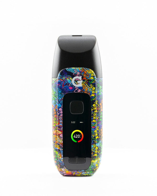 Grateful Dead x G Pen Dash+ vaporizer by Grenco Science, compact device with colorful psychedelic design and digital display.