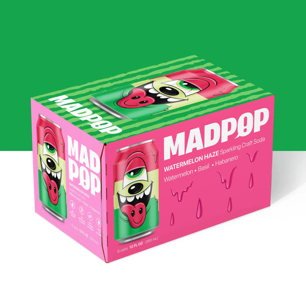 MadPop Watermelon Basil Habanero CBD 12-can case featuring colorful cans with watermelon, basil, and habanero flavor design.