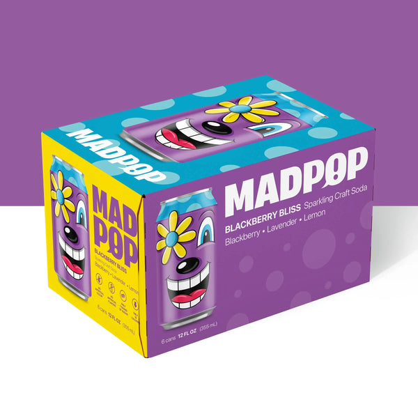 MadPop Blackberry Lavender Lemon drinks case with 12 cans, showing colorful cans featuring blackberry, lavender, and lemon flavors.