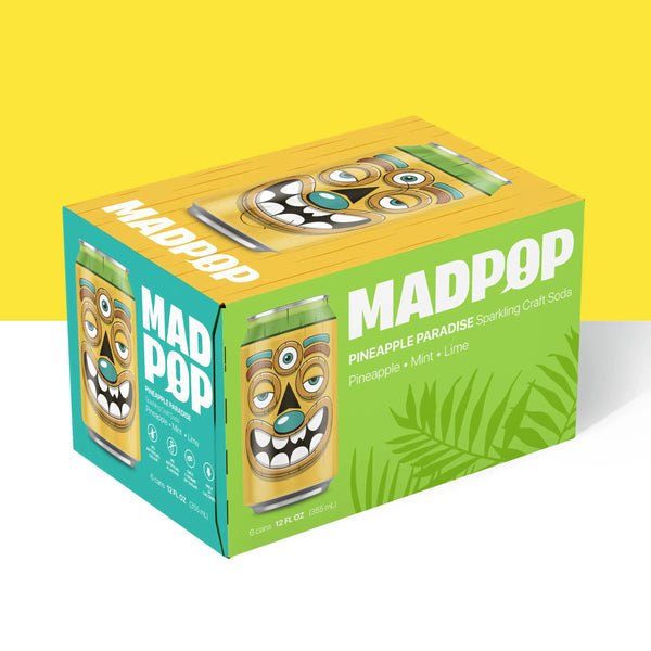 MadPop Pineapple Mint Lime canned drinks case, showing 12 colorful cans with tropical fruit and refreshing mint flavor.