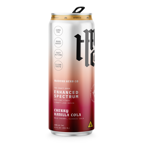 Modern Herb Co Enhanced Spectrum THC Cherry Vanilla Cola craft soda 12oz bottles, hybrid flavor in a 4-pack.