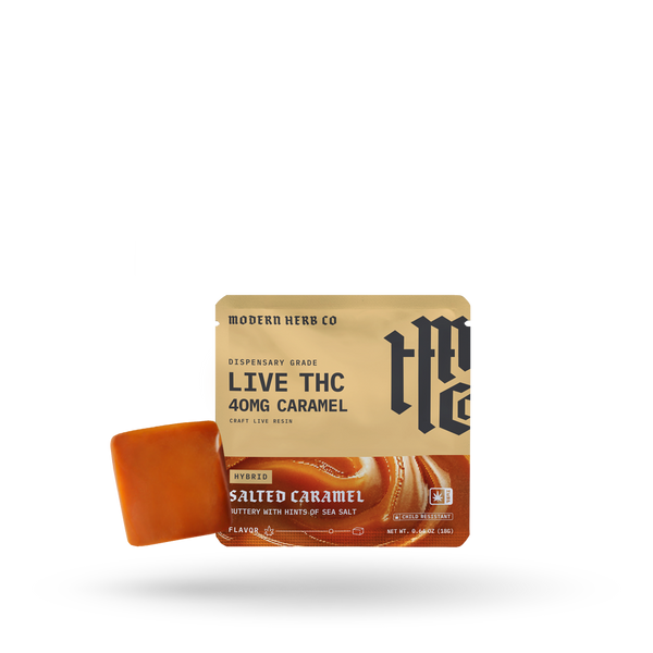 Organic Live Resin Delta 9 Caramels by Modern Herb Co, showing a salted caramel sample pouch with caramel candies inside.