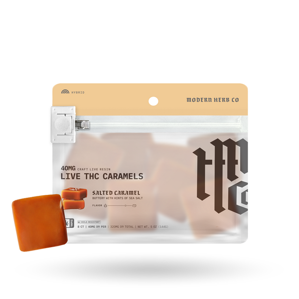 Organic Live Resin Delta 9 Caramels by Modern Herb Co in an 8-count pouch, featuring caramel candies with a smooth texture.