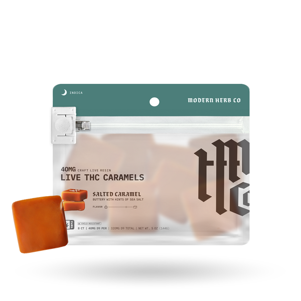 Organic Live Resin Delta 9 Caramels by Modern Herb Co in a pouch, displaying eight caramel pieces with packaging.
