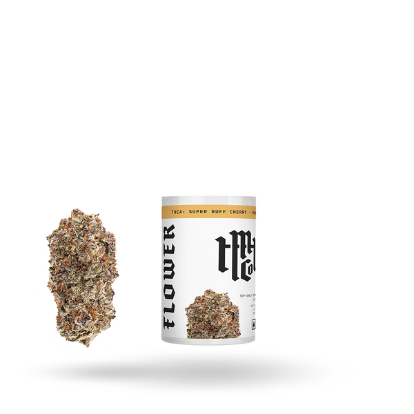 Hybrid THCa flower called Super Buff Cherry by Modern Herb Co, 1/8oz, showing vibrant buds suitable for medical or recreational use.