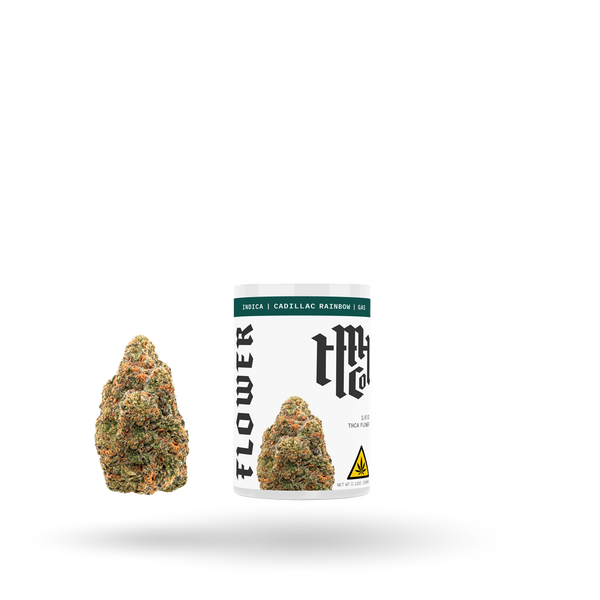 THCa Flower Cadillac Rainbow Indica by Modern Herb Co, 1/8oz, showing vibrant buds with colorful orange and green hues.