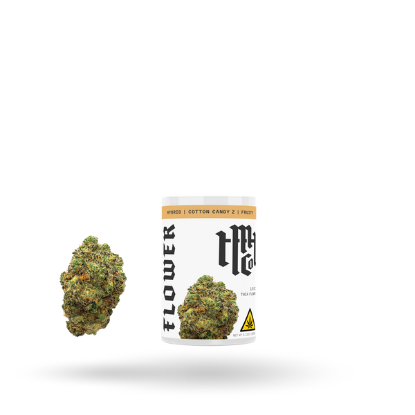 Hybrid THCa flower Cotton Candy Z by Modern Herb Co, showing dense, colorful buds of the Cotton Candy Z strain in an 1/8oz package.