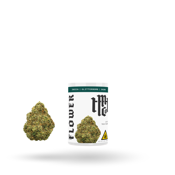 Indica THCa Flower Glitterbomb by Modern Herb Co, 1/8oz, fresh cannabis flower with vibrant buds and dense trichomes.