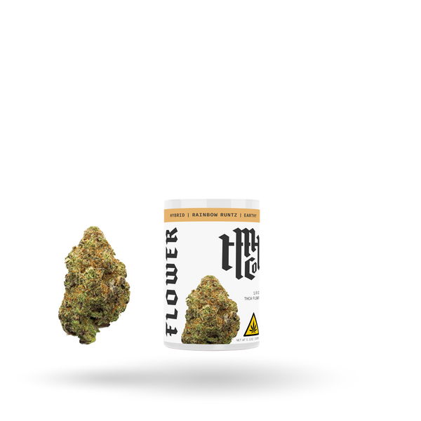 THCa Flower Rainbow Runtz Hybrid by Modern Herb Co, close-up of vibrant cannabis buds in 1/8oz package