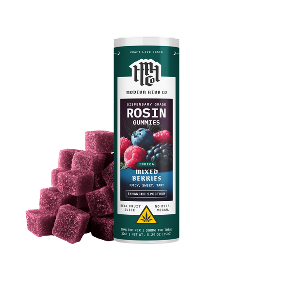 Modern Herb Co Live Rosin Gummies with Mixed Berries, Indica, 30 count, featuring colorful berry-flavored gummies in a clear container.