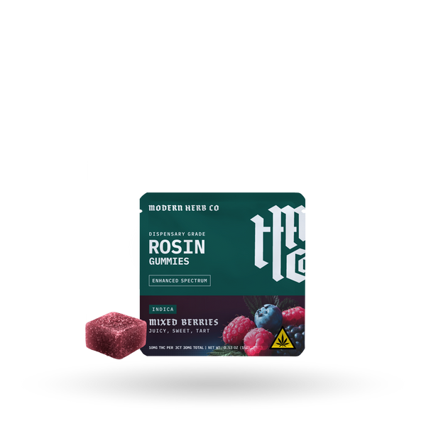 Modern Herb Co Live Rosin Gummies with mixed berries, Indica, 3-count, colorful berry-flavored cannabis-infused gummies.