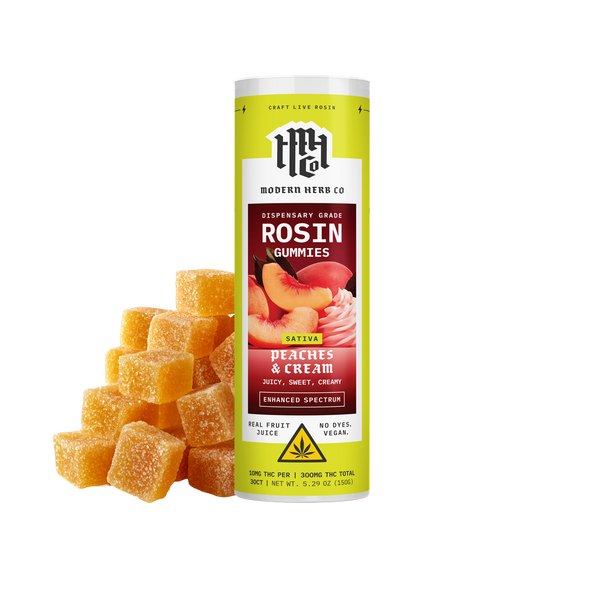 Modern Herb Co Live Rosin Gummies Peaches & Cream Sativa 30ct package with colorful gummies in a clear container