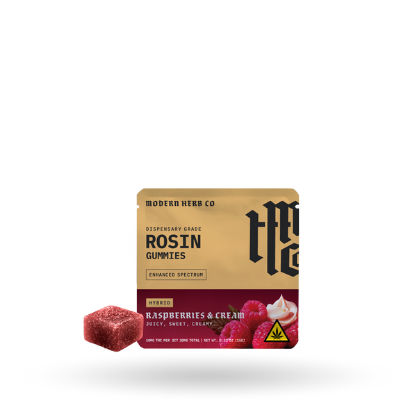 Modern Herb Co Live Rosin Gummies with Raspberries & Cream, hybrid flavor, 3-count package, colorful gummy candies.