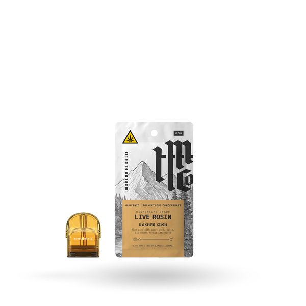 THCa Rosin Pod by Modern Herb Co, Kosher Kush hybrid refill shows a sleek 0.5g pod for vaporizer use.