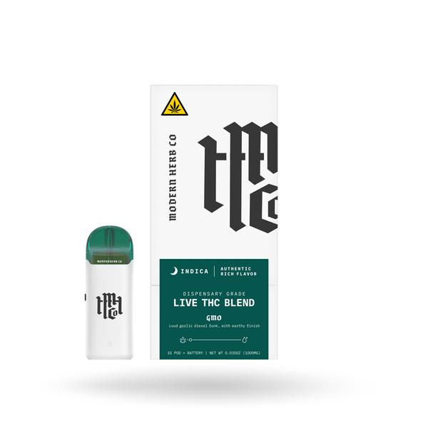 Modern Herb Co Live THC Pod Starter Kit with GMO Indica blend, 1g, featuring front view of product label and packaging.