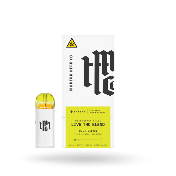 Modern Herb Co Live THC Pod Starter Kit with Sour Diesel Sativa flavor, featuring a 1g cannabis oil pod.