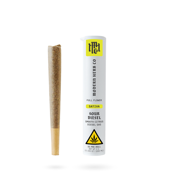 Pre Roll THCa Flower Sour Diesel Sativa by Modern Herb Co, 1g pre-rolled cannabis joint with bright green flower.