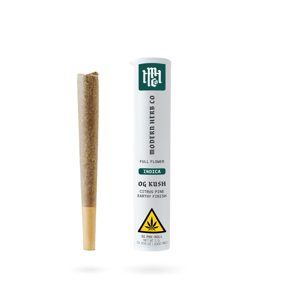 THCa pre-roll of OG Kush Indica by Modern Herb Co, 1g pre-rolled cannabis joint with branding and packaging visible.