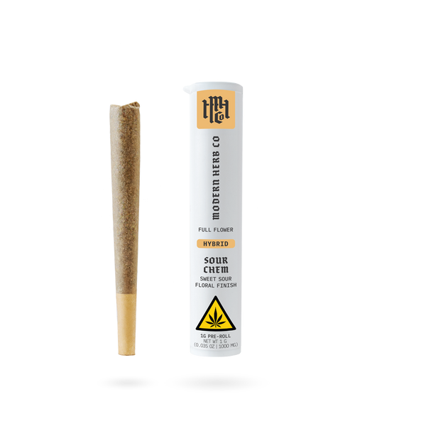 Modern Herb Co THCa Sour Chem Hybrid Pre-Roll 1g, cannabis pre-roll with visible packaging and detailed label.