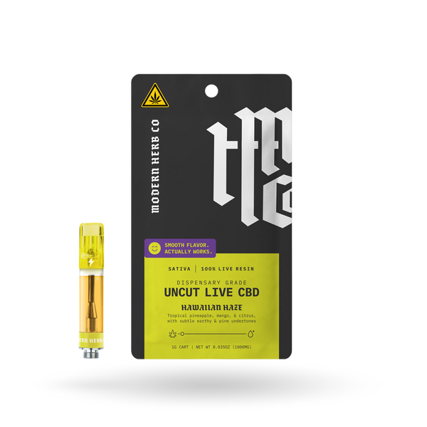 Live CBD Uncut Vape Cartridge by Modern Herb Co, Hawaiian Haze Sativa 1g, showing the clear vape cartridge filled with CBD oil.