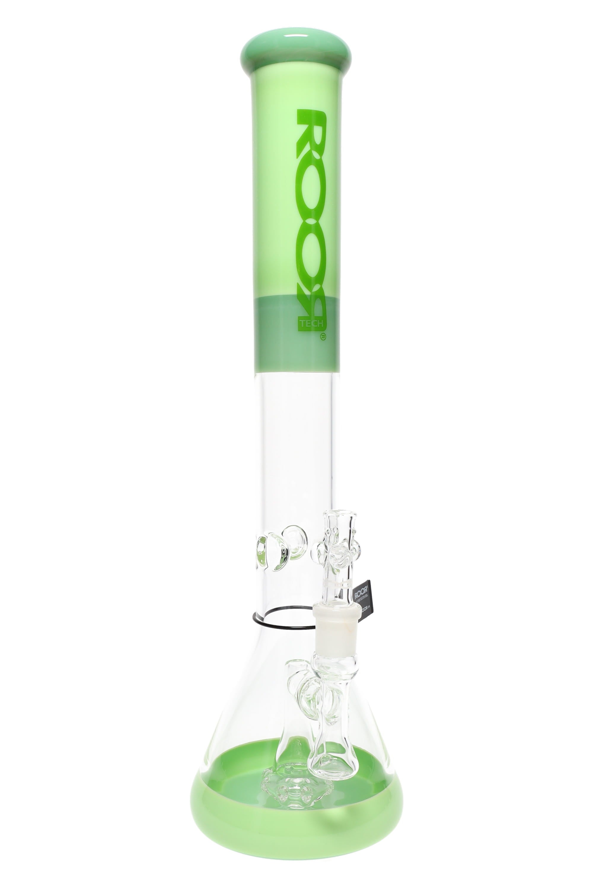 RooR Tech 18-inch stemless beaker bong with showerhead percolator, colorful glass water pipe, detailed glass design.