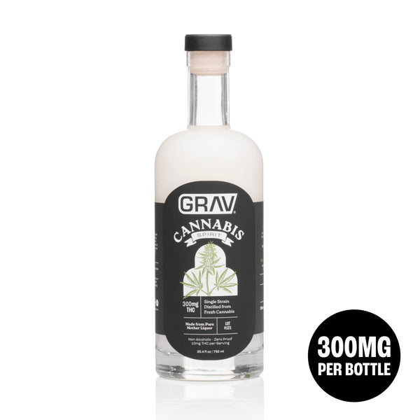 Bottle of GRAV Cannabis Spirit 300mg natural extract by Smoke Drop, 750ml glass bottle with clear label and cap.