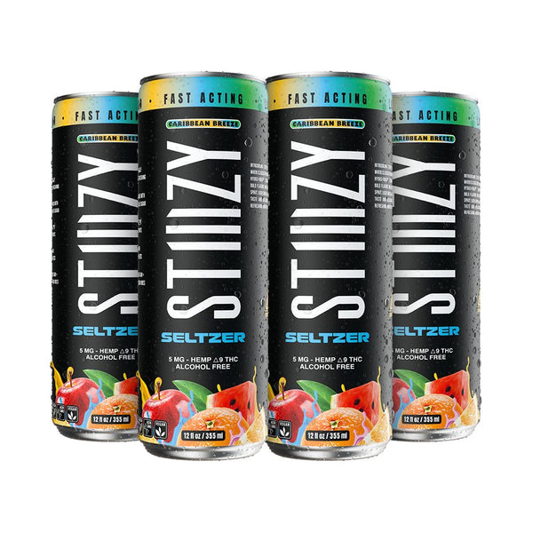Smoke Drop STIIIZY D9 Hemp Seltzer 12oz cans, 5mg THC per can, four-pack of refreshing hemp-infused sparkling water.