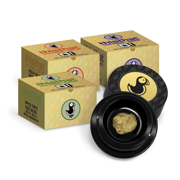 Sativa THCA Live Rosin Dabs by thisthat in 1g jar, showcasing golden, resinous cannabis concentrate with label and packaging.